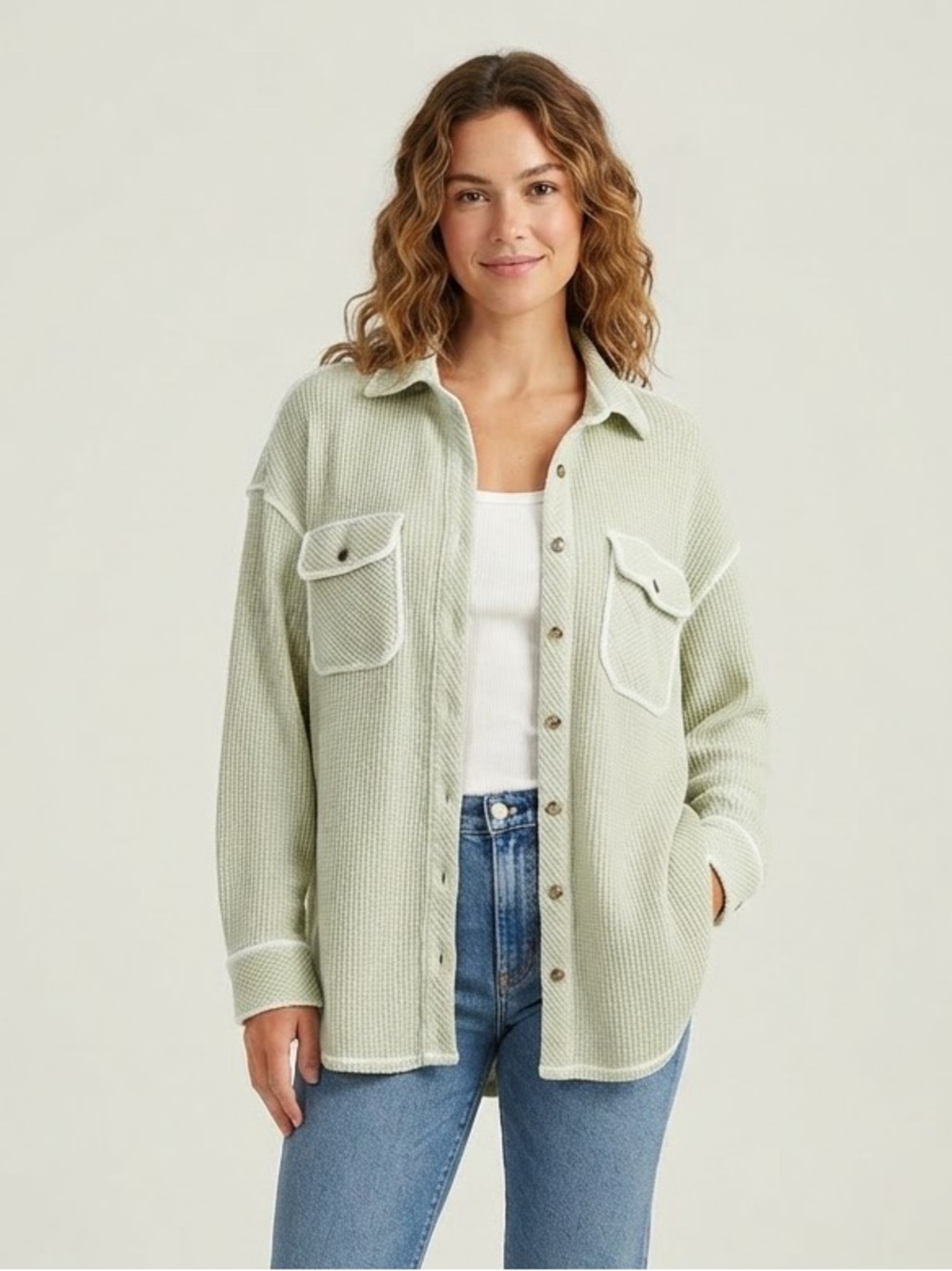 Aerie Sz S Lumberjane Light Green Waffle Knit Button Front Relaxed Shacket